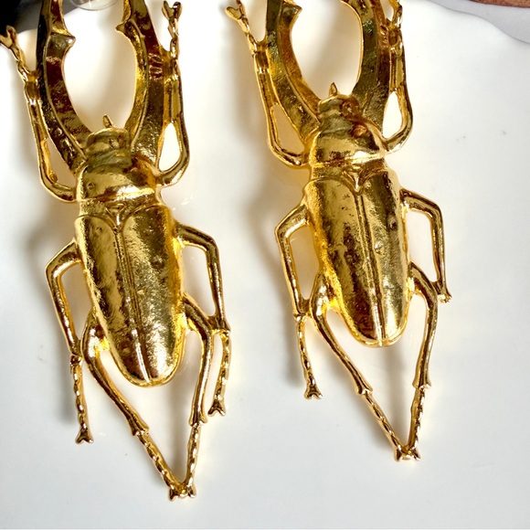 Gold Stag Beetle Crystal Earrings Jumbo Insect Scarab Bug Vtg Style Jewelry NEW - Picture 6 of 10